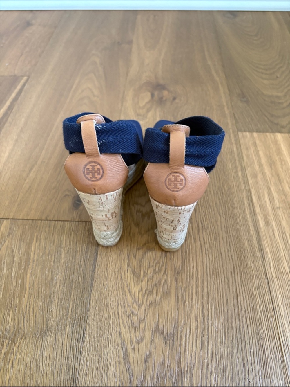 Tory Burch Navy and Tan Cork Wedge Espadrilles